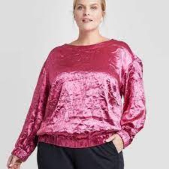 Raspberry Radiance Pink Shiny Metallic Crinkle Texture Pullover Blouse Barbiecor - Picture 2 of 7